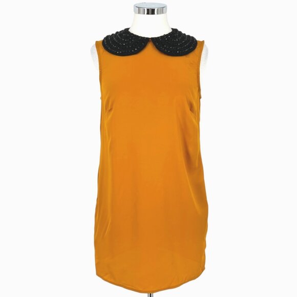ASOS Beaded Collar Mustard Yellow Shift Dress Mini Mod Size 8 - Picture 1 of 14
